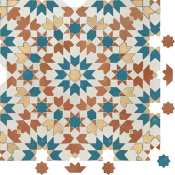 Mosaic House Moroccan tile Batha 1-28-4-14 White Teal Rust Natural, Unglazed, Terracotta  zellige, mosaic, zellij, field, pattern, glaze, classic, stars, intricate, complex, traditional 